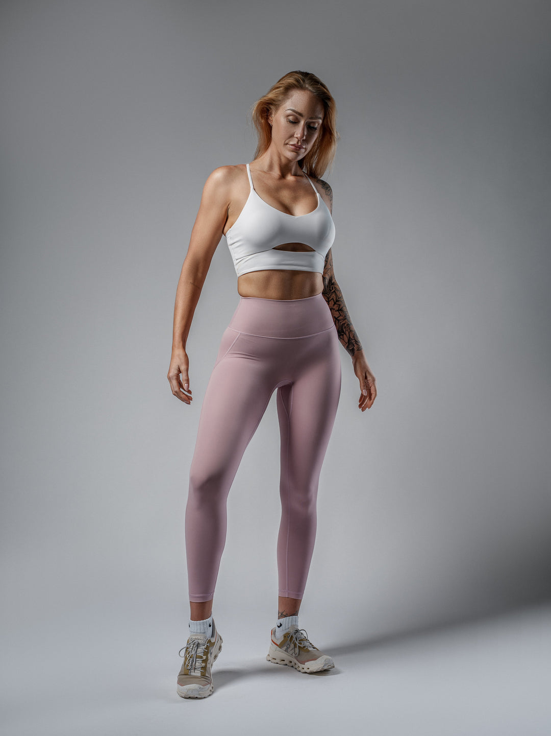 White Cut-Out Sports Bra worn by Leigha, front view